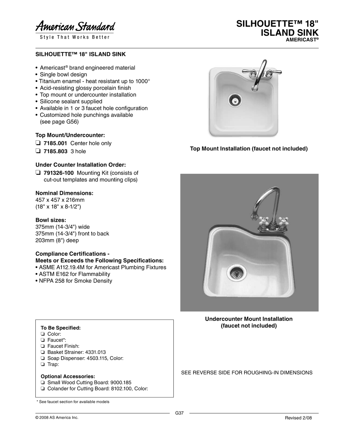 American Standard 7185.803, 7185.001 dimensions Silhouette Island Sink, Silhouette 18 Island Sink, Top Mount/Undercounter 