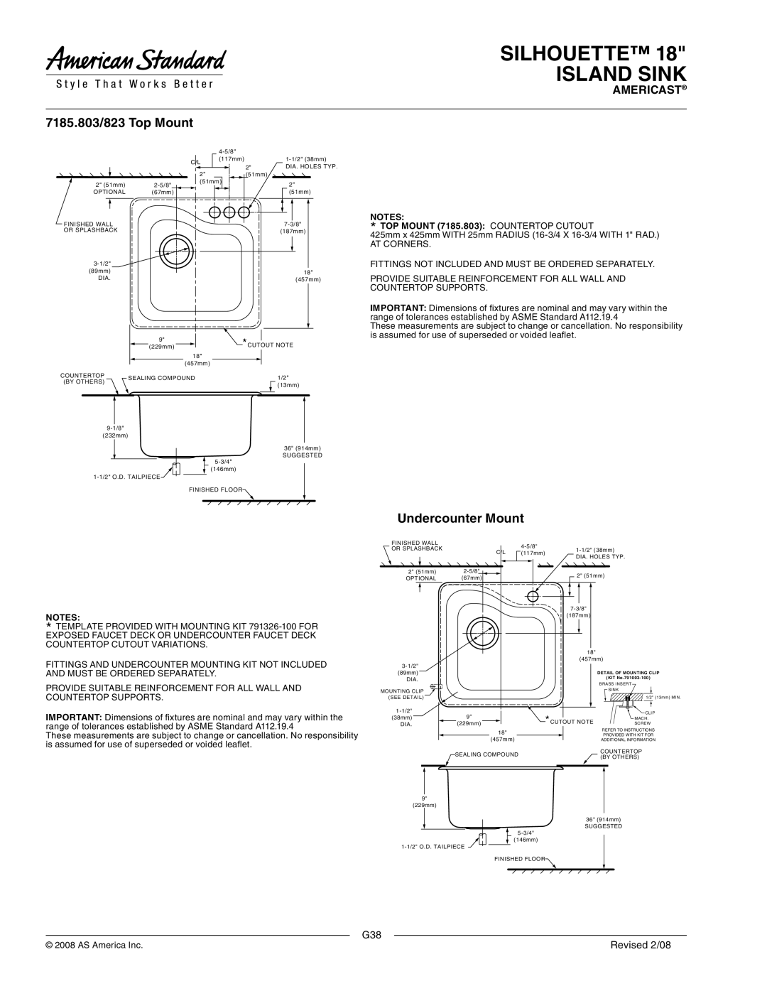 American Standard ASTM E162, 7185.001 7185.803/823 Top Mount, Undercounter Mount, TOP Mount 7185.803 Countertop Cutout 