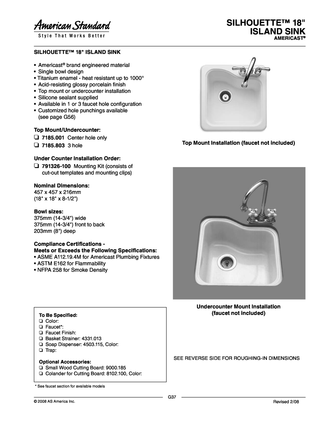 American Standard 7185.803, 7185.001, ASTM E162 dimensions Silhouette Island Sink 