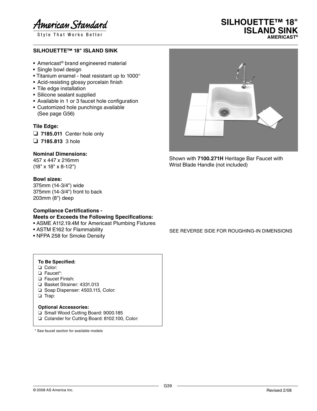 American Standard 7185.813, 7185.011 dimensions Silhouette Island Sink, Silhouette 18 Island Sink, Tile Edge 