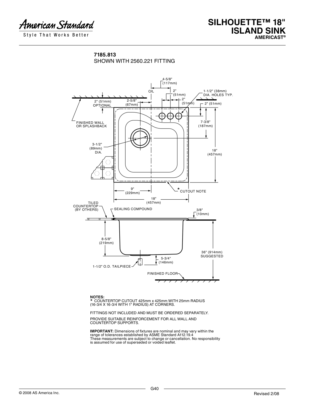 American Standard 7185.011 dimensions 7185.813, Shown with 2560.221 Fitting 