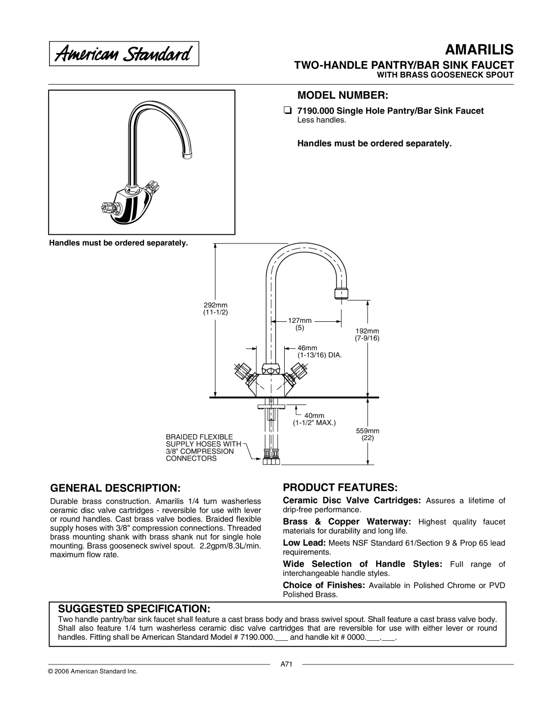 American Standard 719.000 manual TWO-HANDLE PANTRY/BAR Sink Faucet, Model Number, General Description, Product Features 