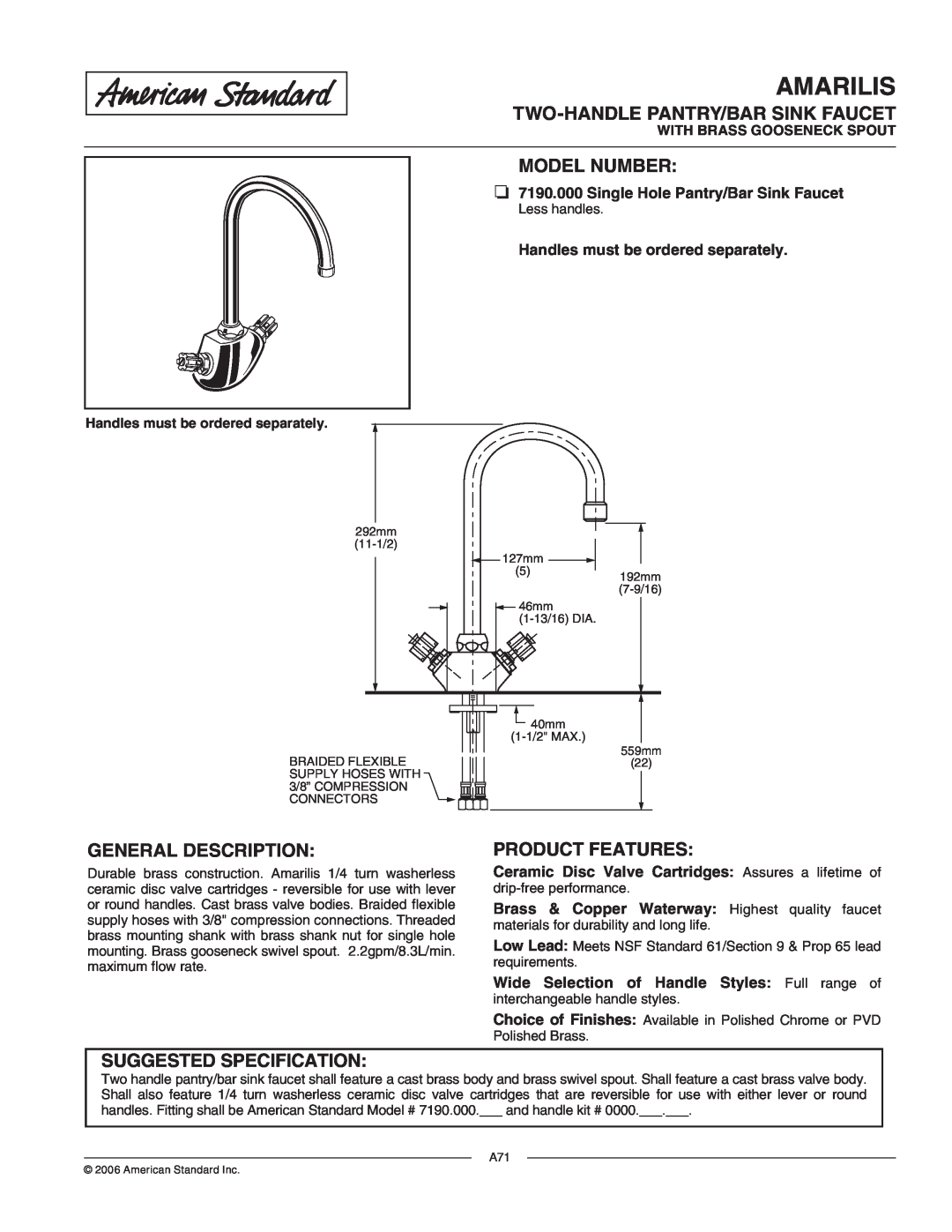 American Standard 719.000 manual Amarilis, Two-Handlepantry/Bar Sink Faucet, Model Number, General Description 