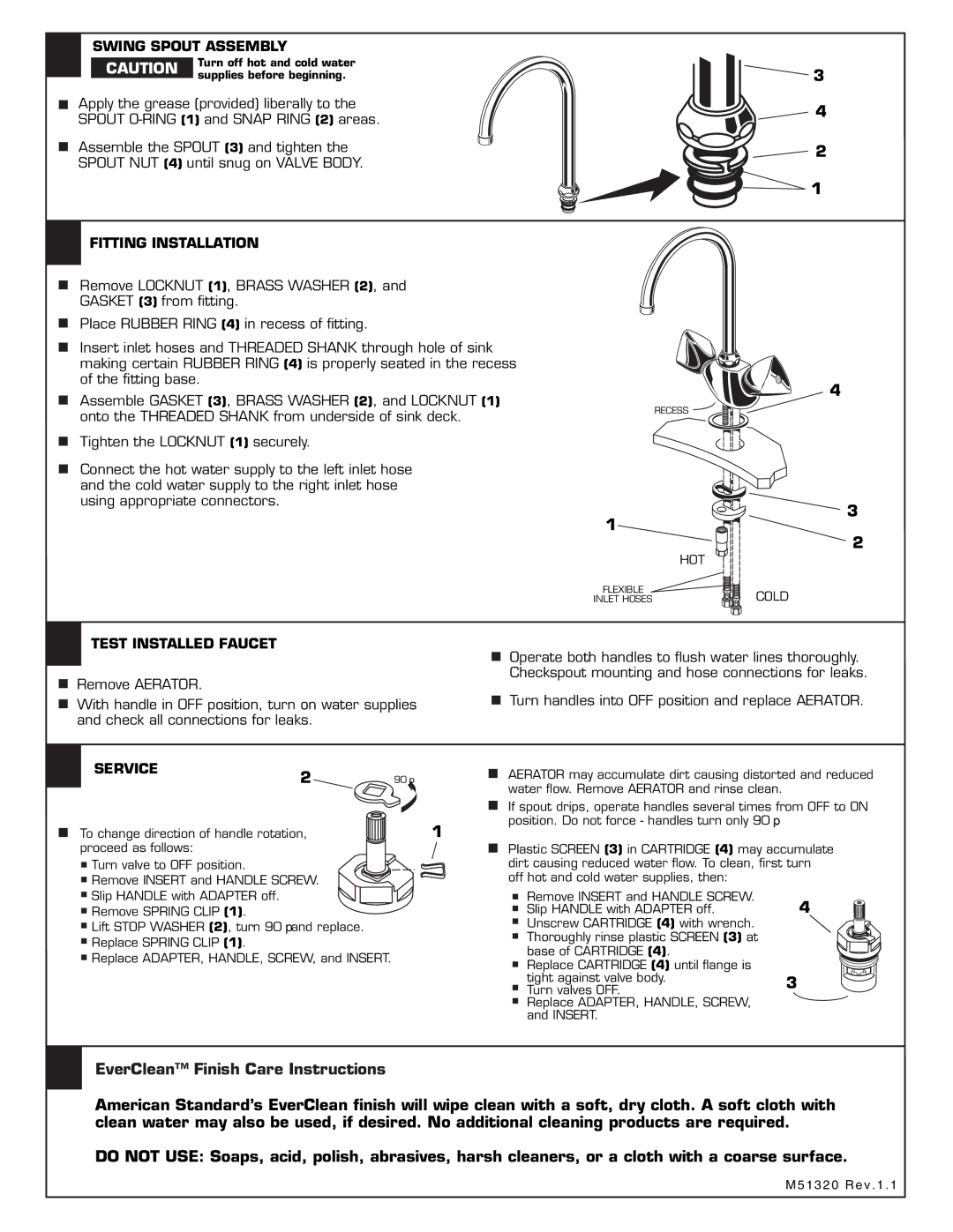 American Standard 7190.132 Swing Spout Assembly,  Fitting Installation,  Test Installed Faucet,  Service 