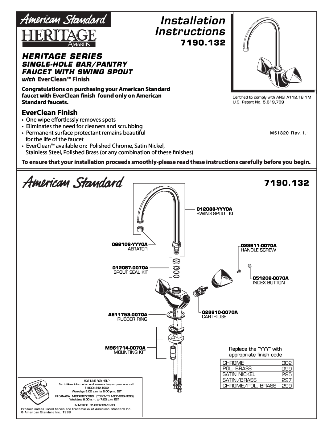 American Standard 7190.132 installation instructions Installation Instructions, Heritage Series, EverClean Finish 