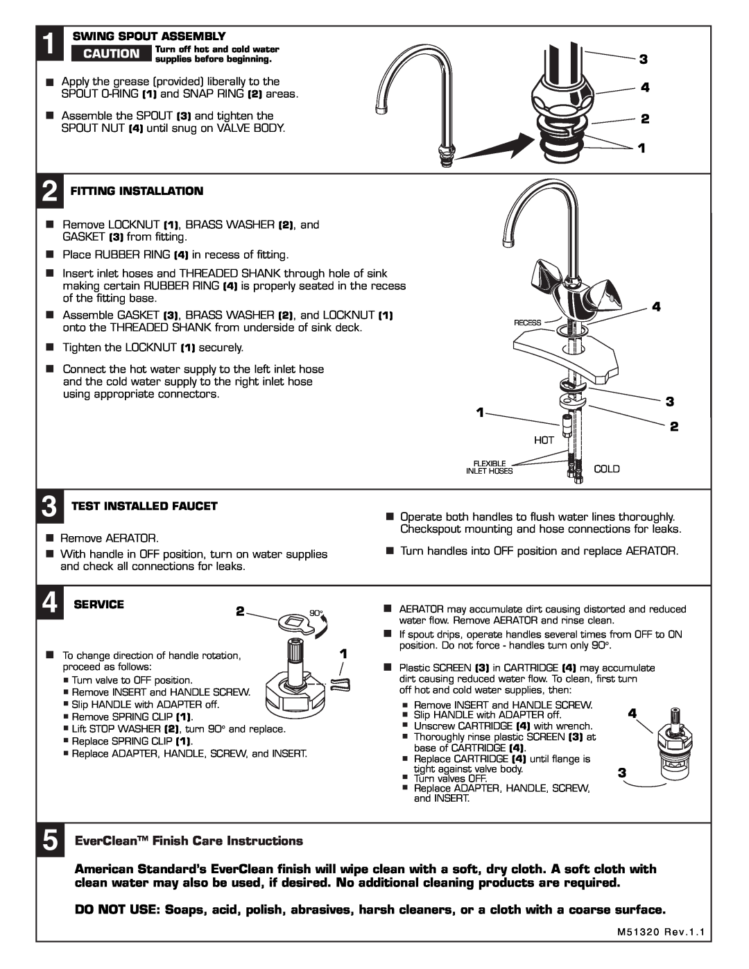 American Standard 7190.132 3 4 2 1 4, EverClean Finish Care Instructions, Swing Spout Assembly, Fitting Installation 