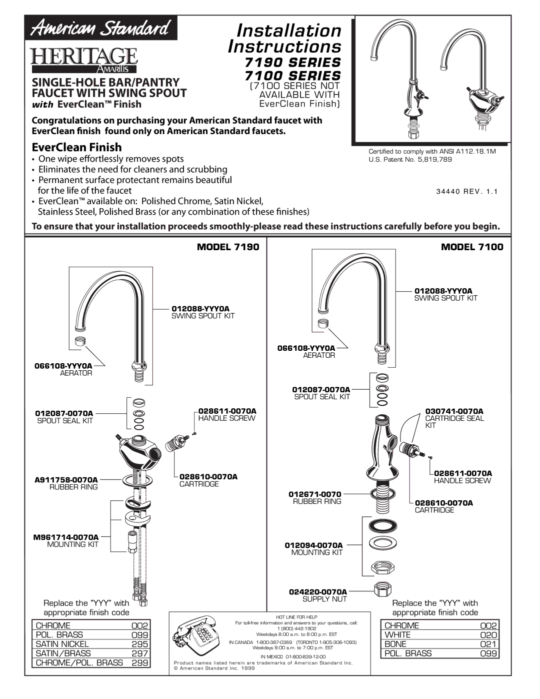 American Standard 7191 Series installation instructions Installation 