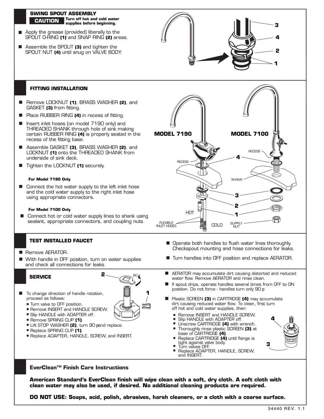 American Standard 7191 Series Swing Spout Assembly, Fitting Installation,  Test Installed Faucet, Service 