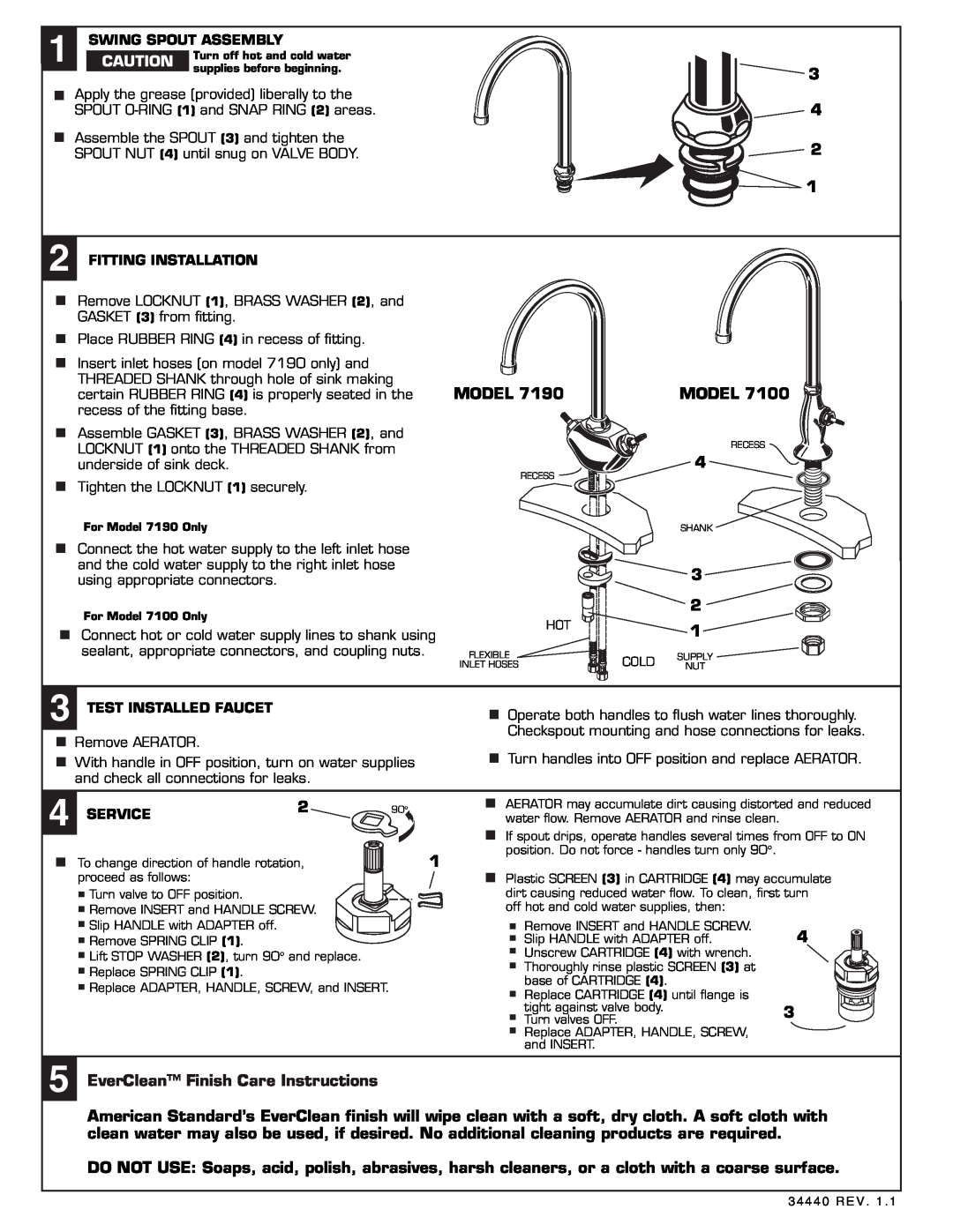 American Standard 7191 Series installation instructions EverClean Finish Care Instructions 