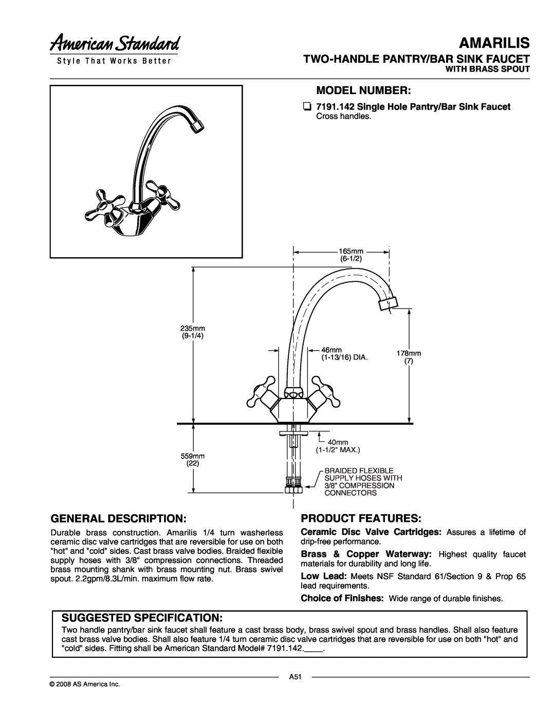 American Standard 7191.142 manual Amarilis, Single Hole Pantry/Bar Sink Faucet, With Brass Spout, Model Number 