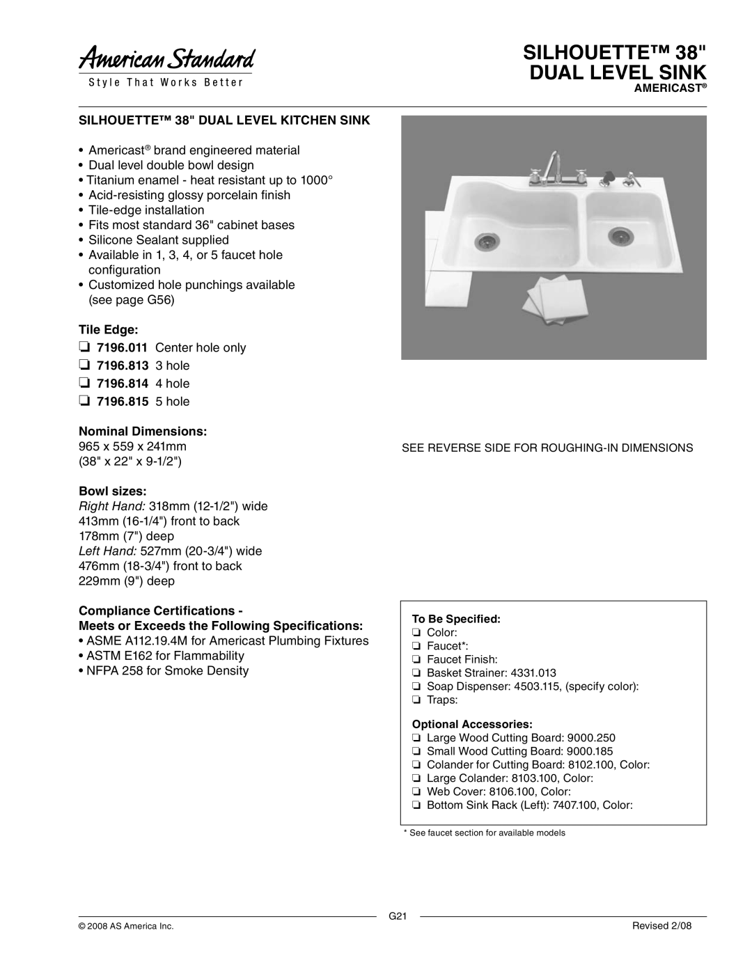 American Standard 7196.813 dimensions Silhouette Dual Level Sink, Silhouette 38 Dual Level Kitchen Sink, Tile Edge 