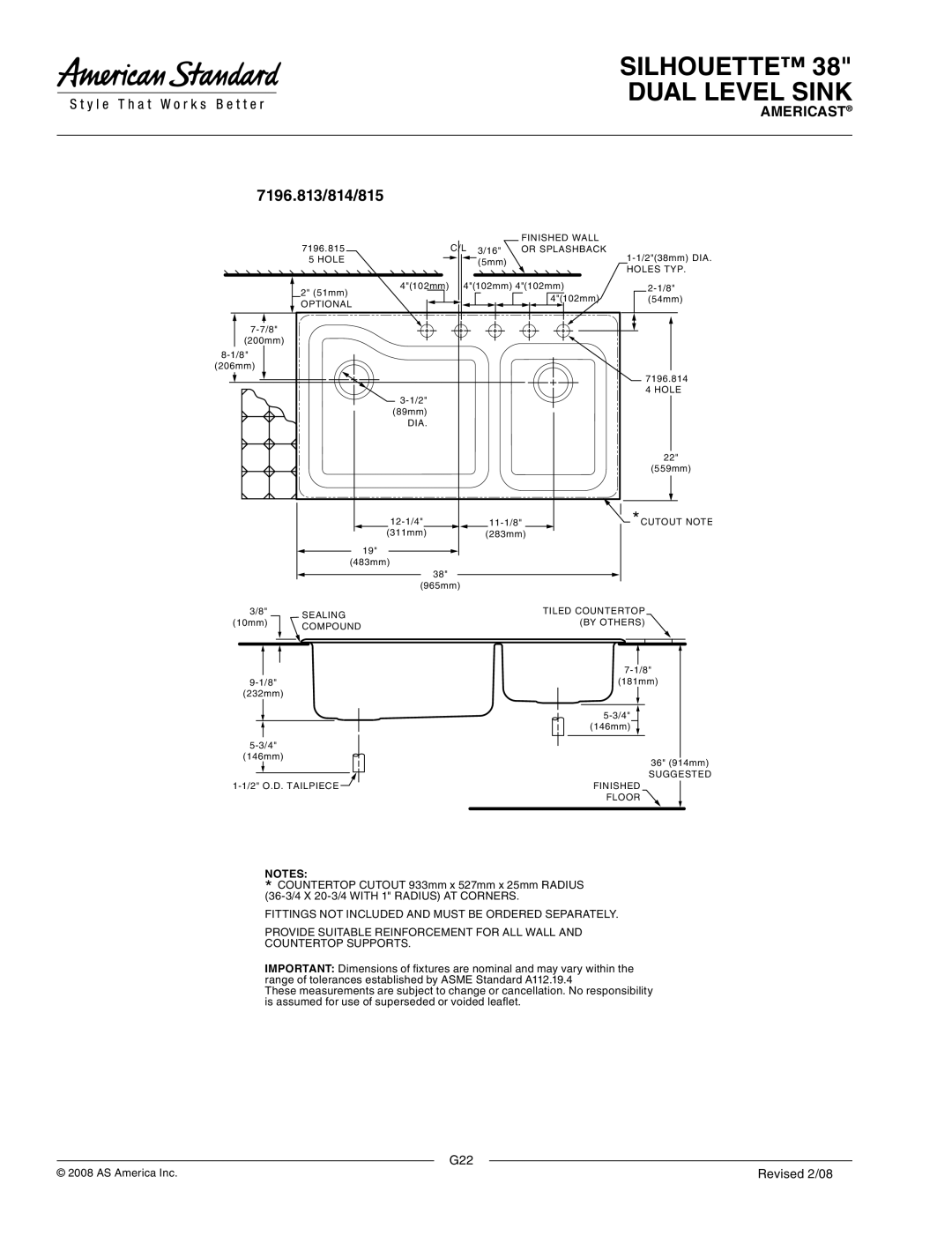 American Standard 7196.011, 7196.814, 7196.815 dimensions 7196.813/814/815 