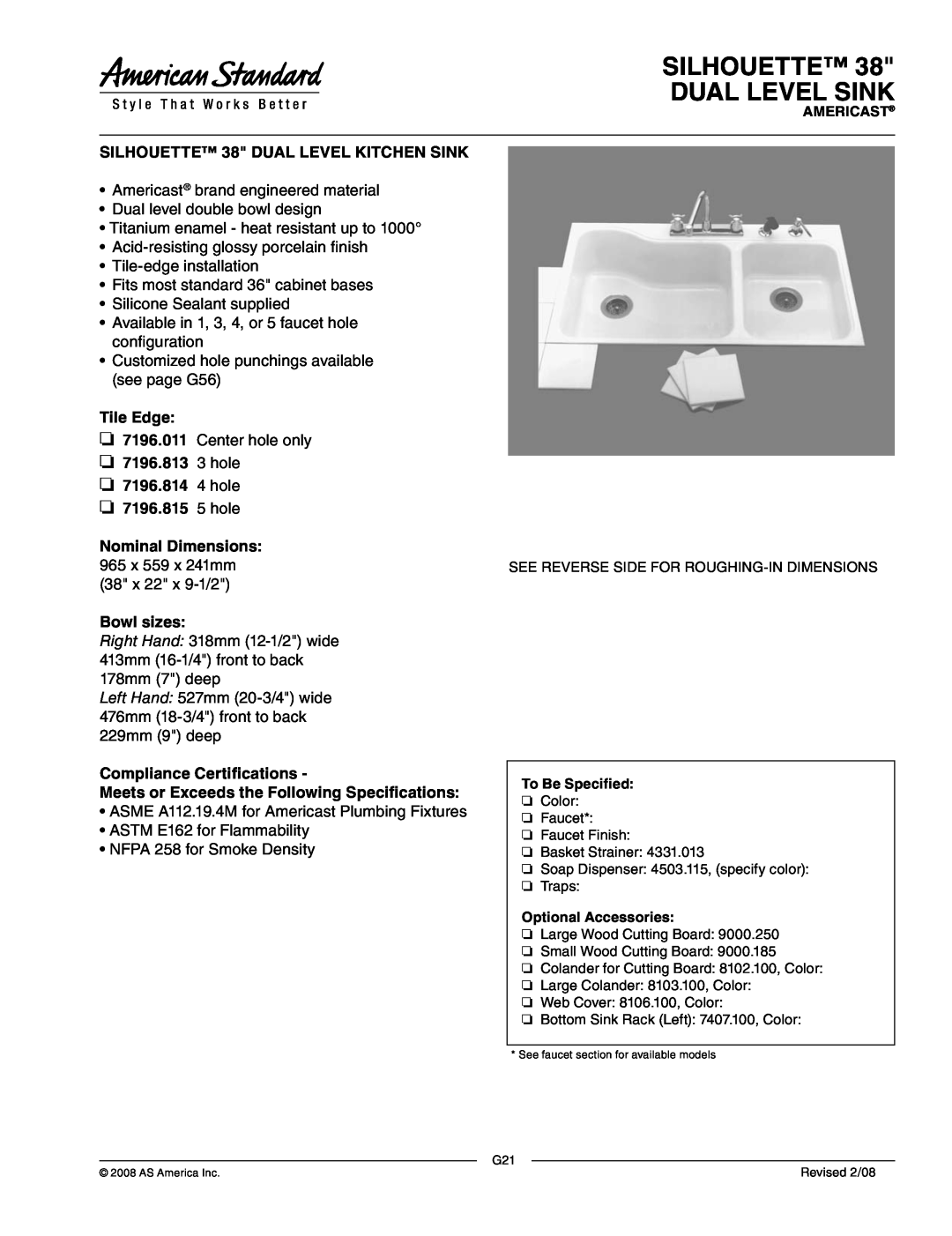 American Standard 7196.813 dimensions Silhouette Dual Level Sink, SILHOUETTE 38 DUAL LEVEL KITCHEN SINK, Tile Edge 