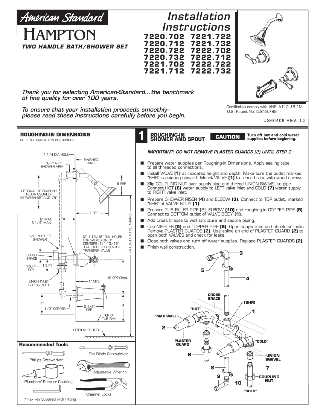 American Standard 7222.712, 7222.732, 7222.722 installation instructions ROUGHING-IN Dimensions, Shower and Spout 