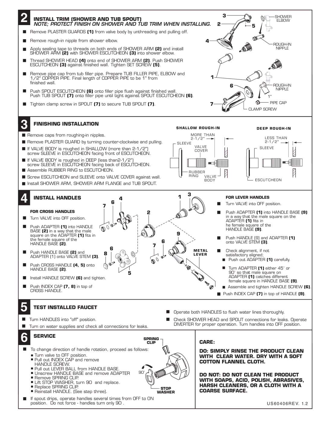 American Standard 7222.722 Install Trim Shower and TUB Spout, Finishing Installation, Install Handles, Service, Care 