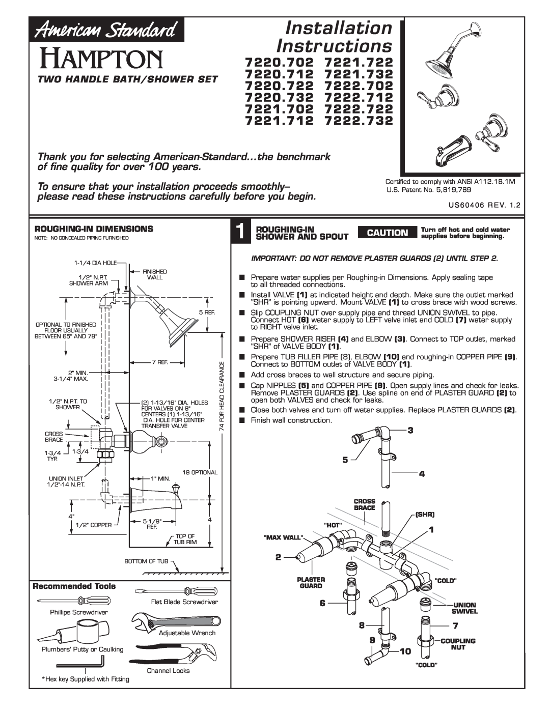American Standard 7222.712, 7222.732 installation instructions Installation Instructions, Two Handle Bath/Shower Set 