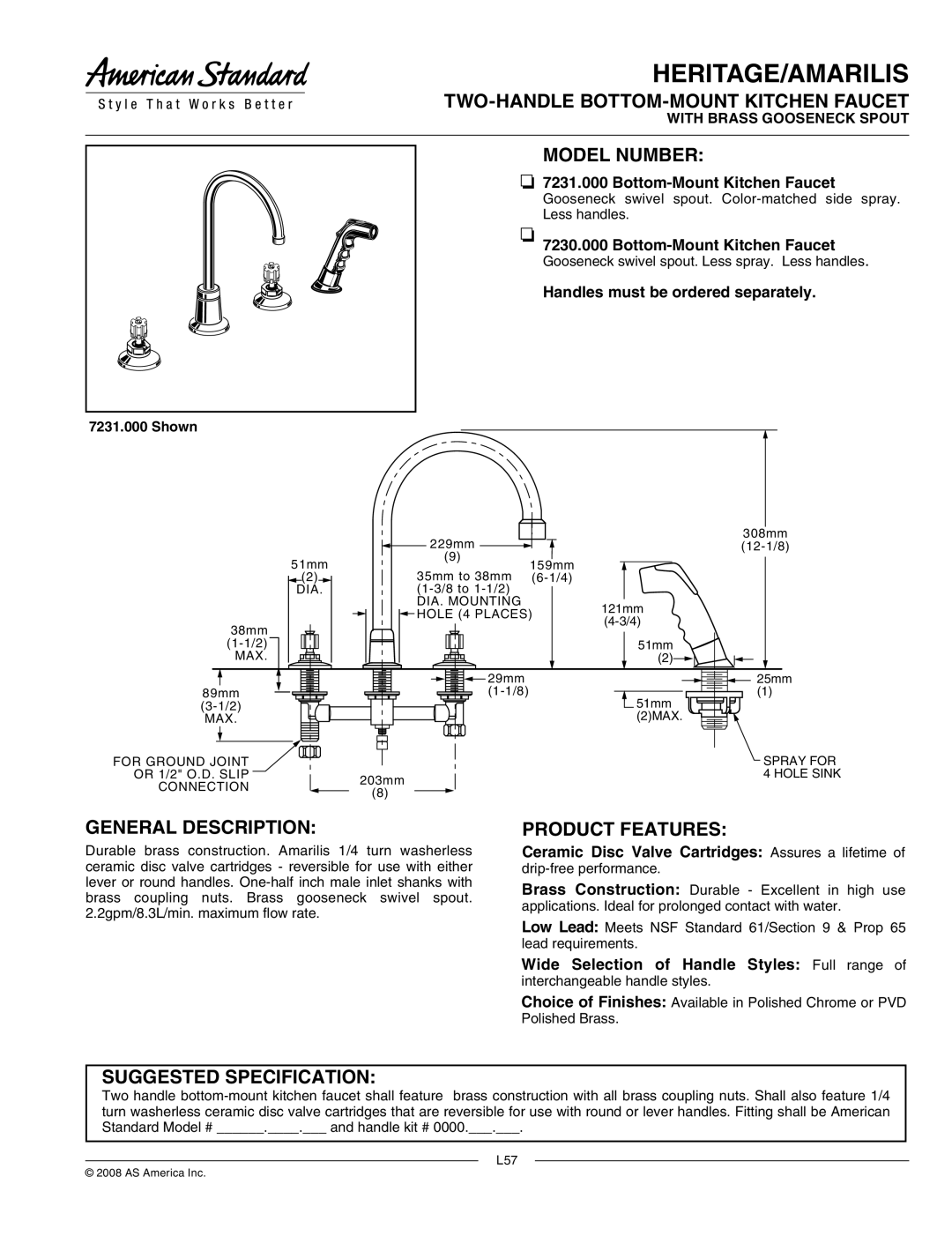 American Standard 7231.000, 7230.000 manual TWO-HANDLE BOTTOM-MOUNT Kitchen Faucet, Model Number, General Description 