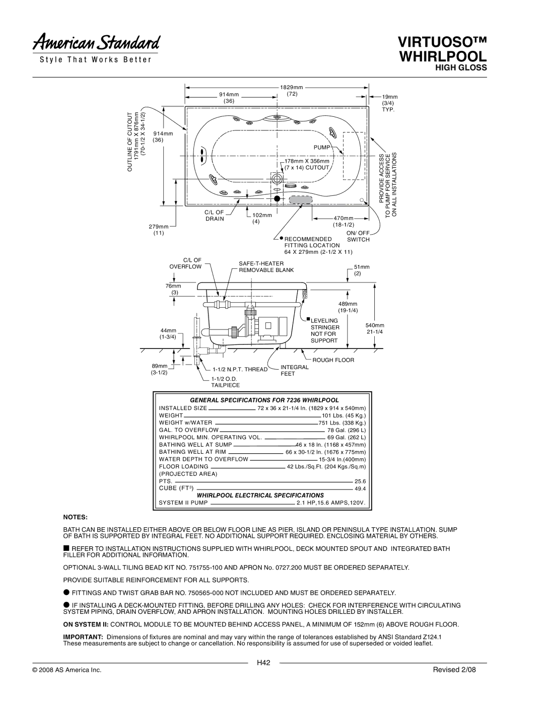 American Standard 7236.028WC dimensions General Specifications for 7236 Whirlpool, Whirlpool Electrical Specifications 