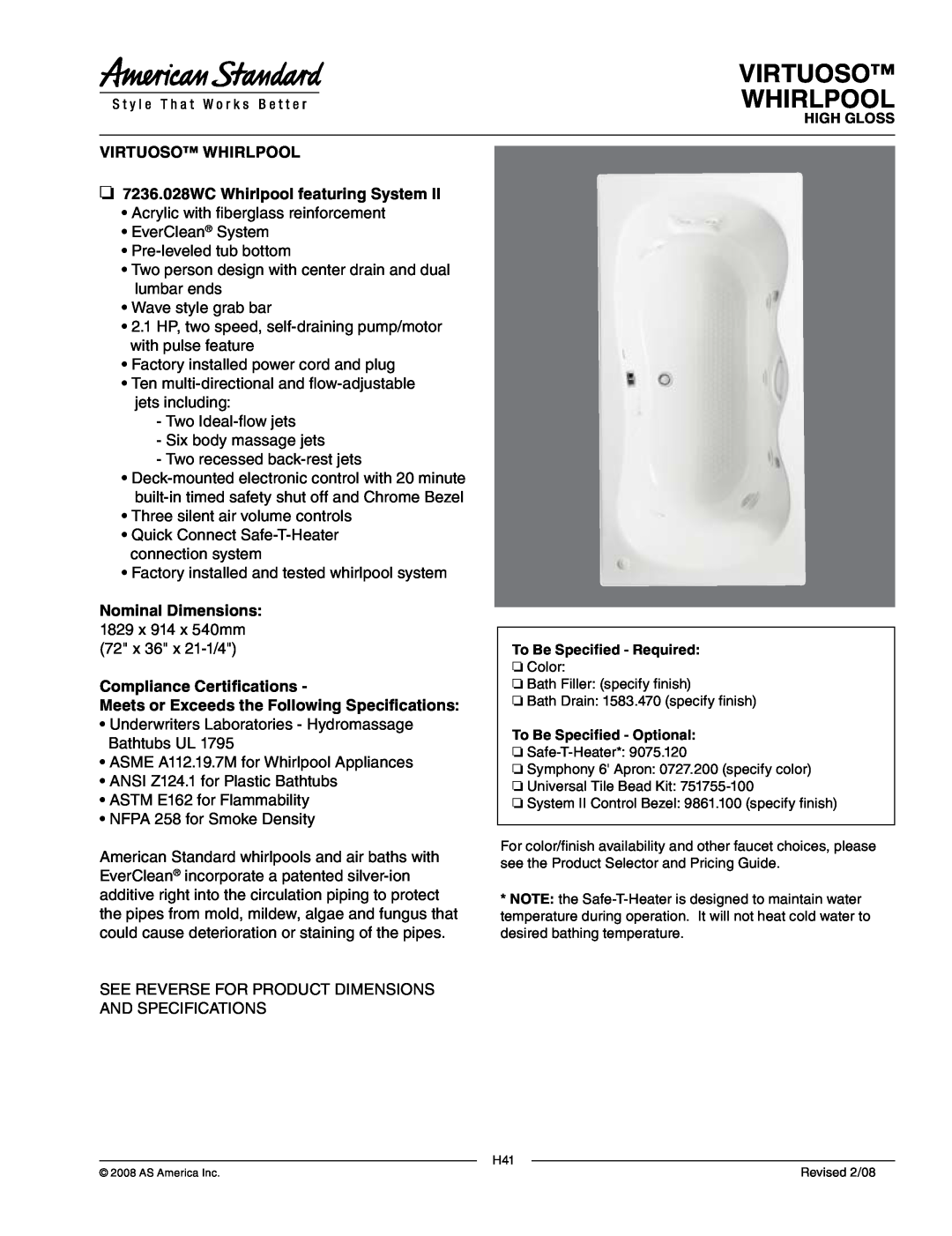 American Standard dimensions Virtuoso Whirlpool, 7236.028WC Whirlpool featuring System, Nominal Dimensions 