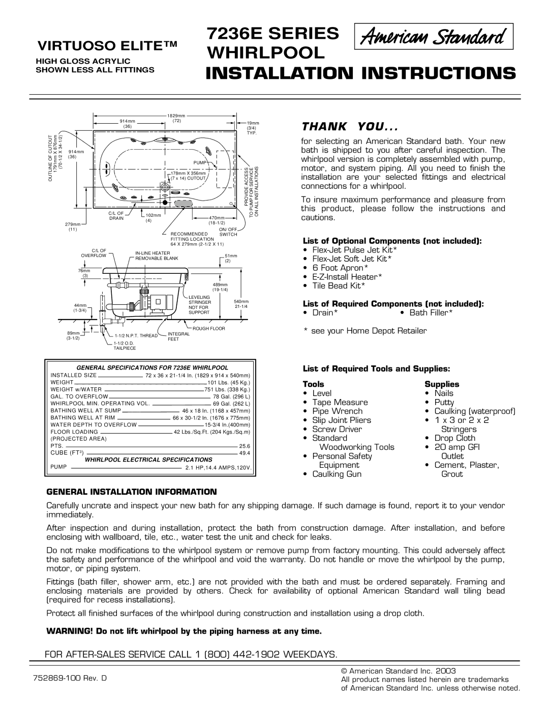 American Standard installation instructions 7236E Series Whirlpool Installation Instructions 