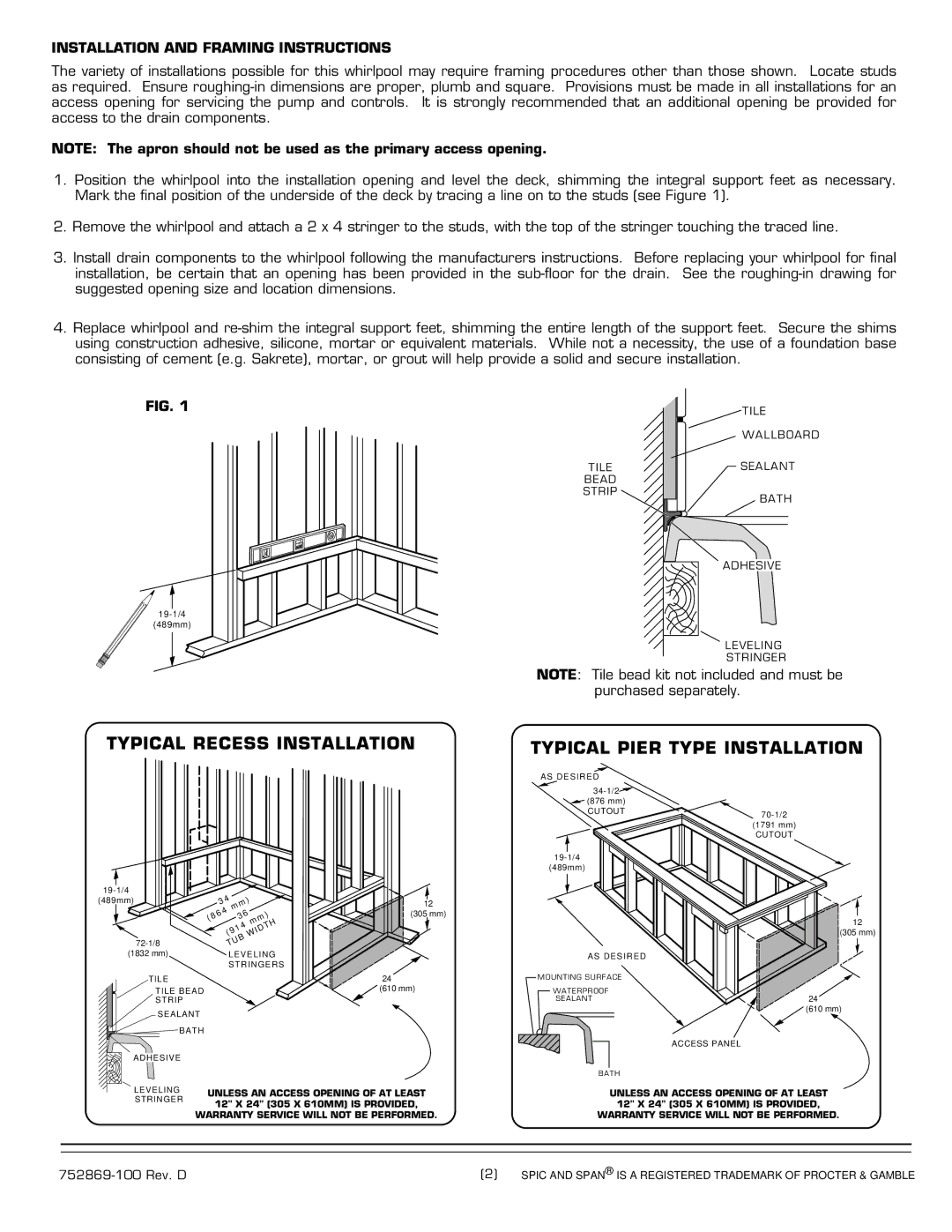 American Standard 7236E Series installation instructions Typical Recess Installation Typical Pier Type Installation 