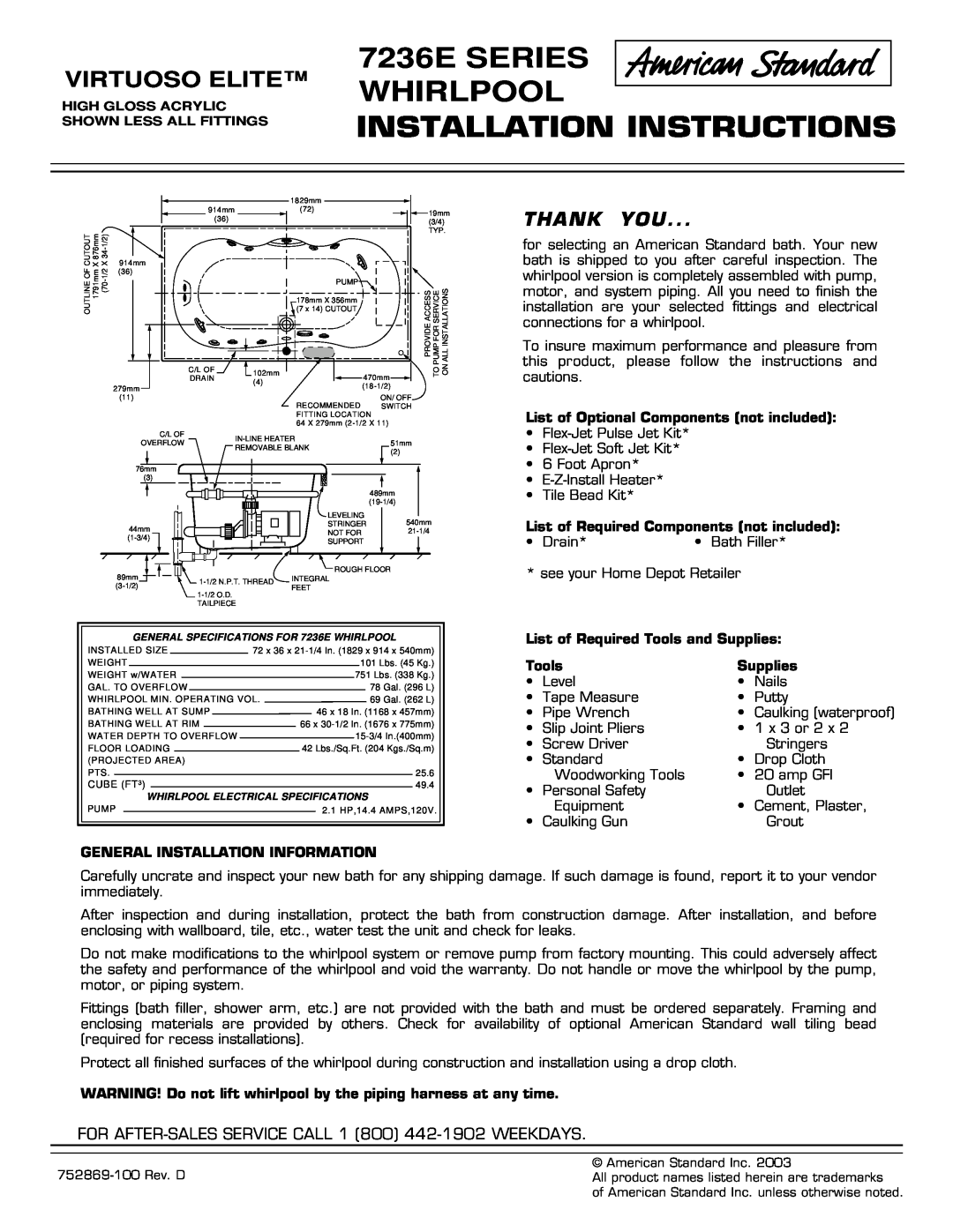 American Standard 7236E Series installation instructions 7236E SERIES WHIRLPOOL, Installation Instructions, Virtuoso Elite 