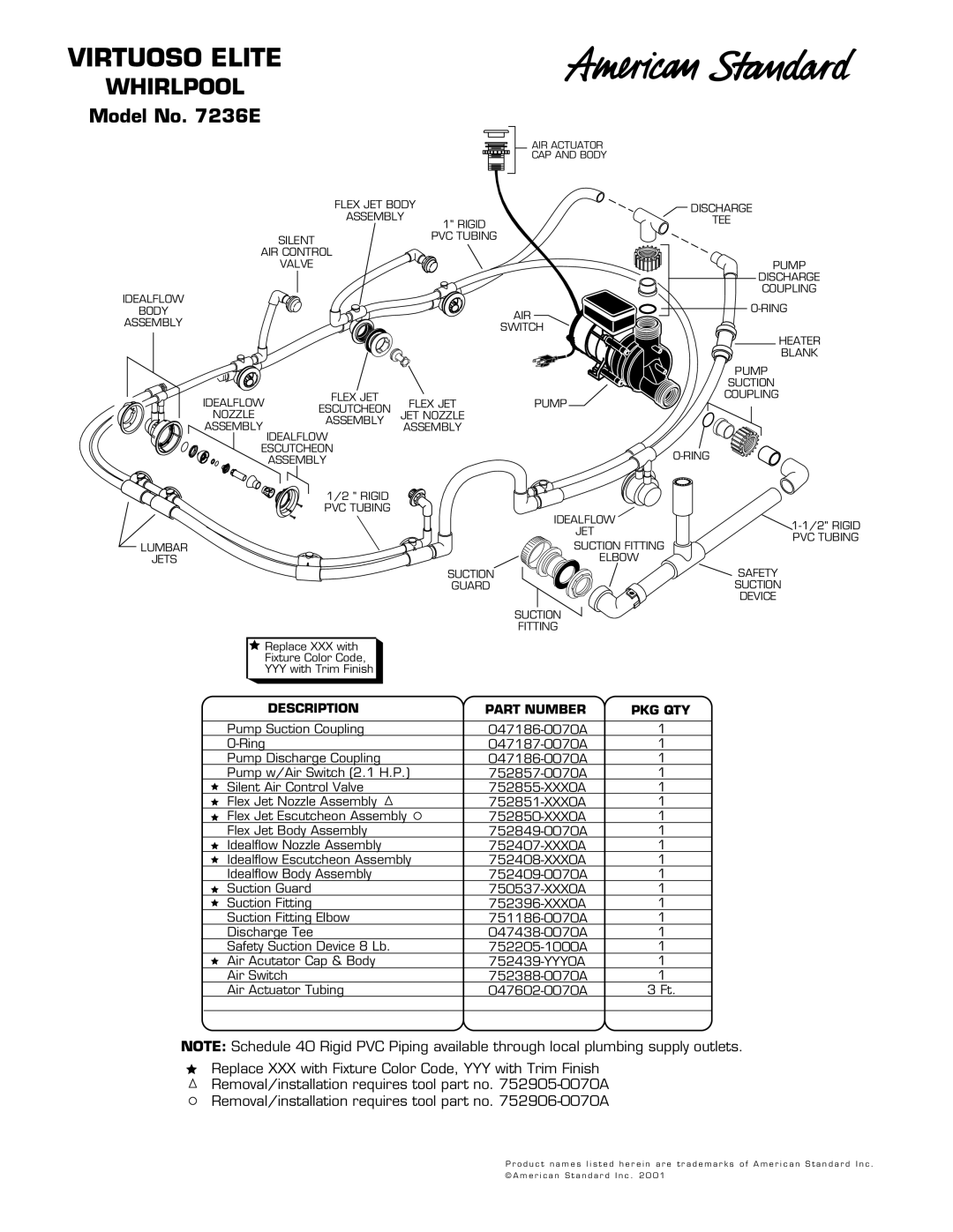 American Standard 7236E manual Virtuoso Elite, Whirlpool, Model No E, Description Part Number PKG QTY 