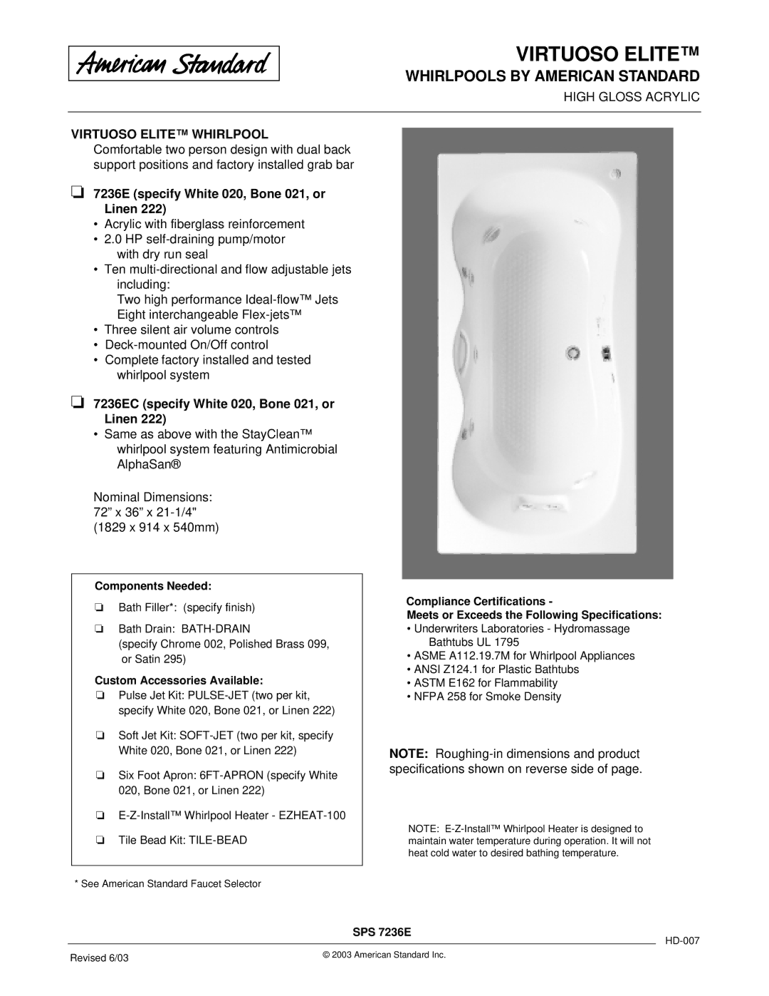 American Standard 7236EC dimensions Virtuoso Elite, Whirlpools by American Standard 