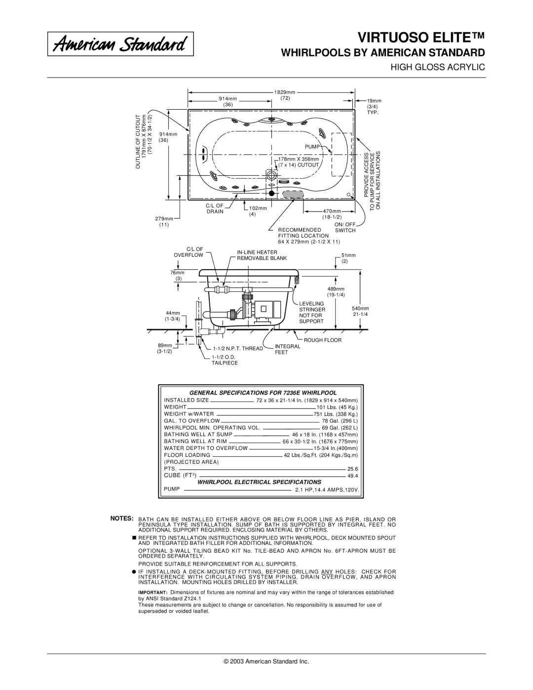 American Standard 7236EC dimensions General Specifications for 7236E Whirlpool, Whirlpool Electrical Specifications 