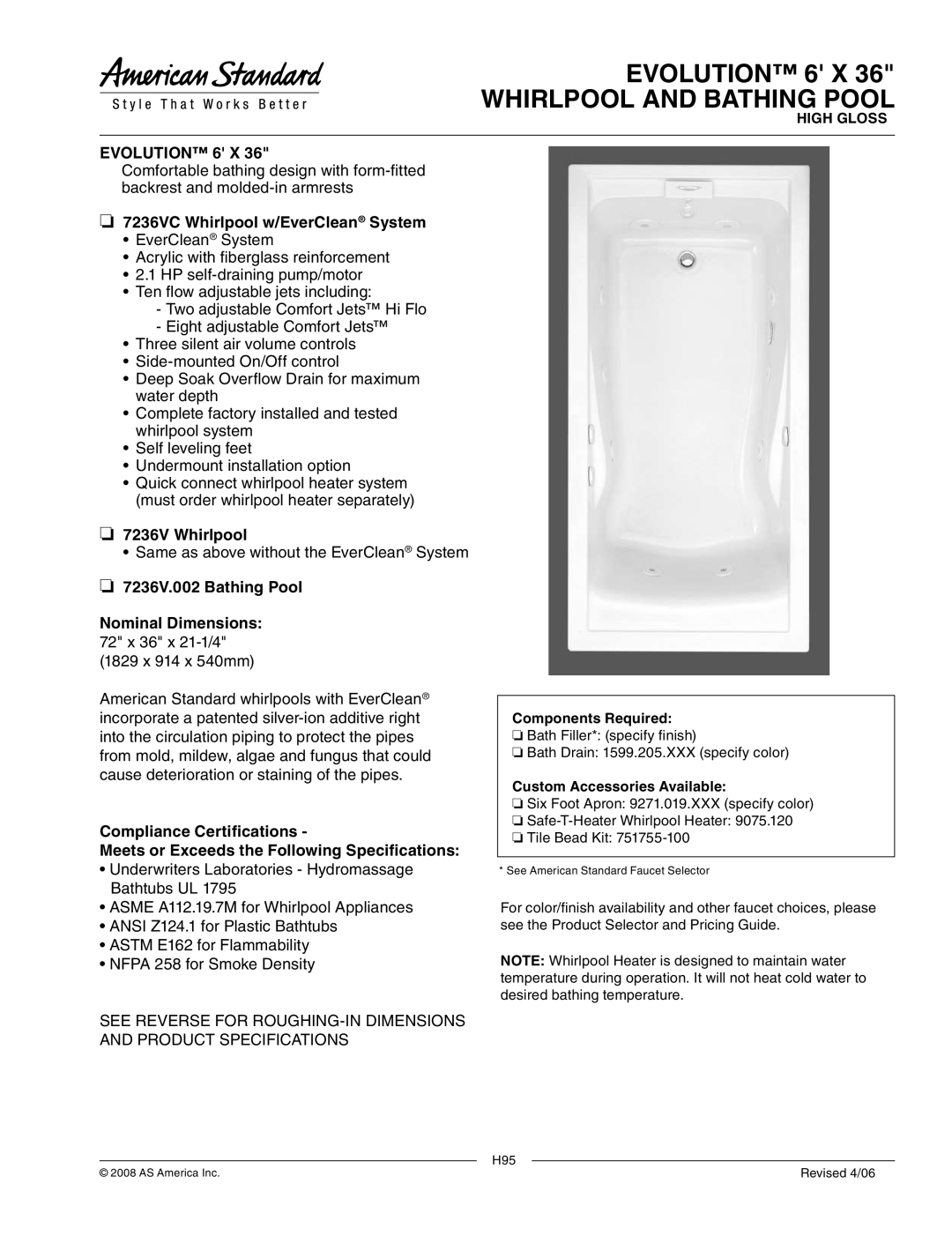 American Standard 7236V.002 dimensions Evolution 6 X Whirlpool and Bathing Pool, 7236VC Whirlpool w/EverClean System 