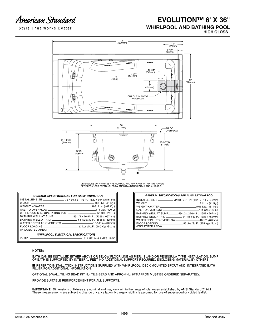 American Standard 7236VC Evolution 6 X, General Specifications for 7236V Whirlpool, Whirlpool Electrical Specifications 