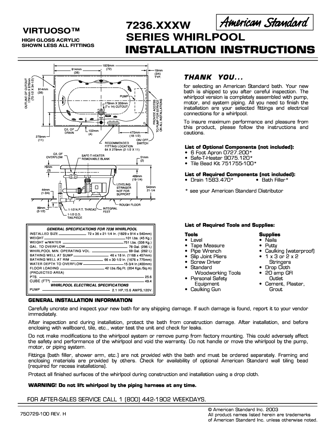 American Standard 7236.XXXW installation instructions Xxxw Series Whirlpool, Installation Instructions, Virtuoso, Tools 
