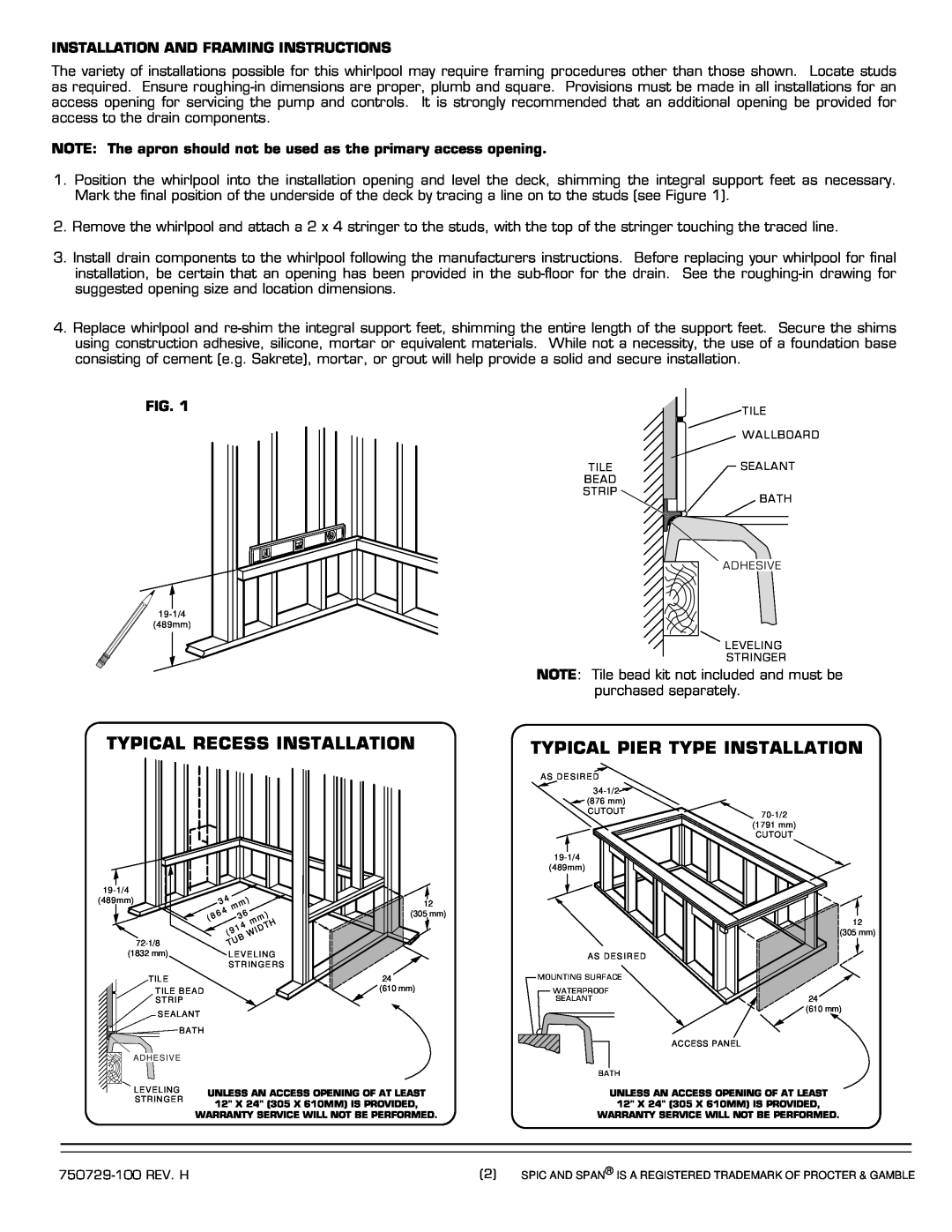 American Standard 7236.XXXW installation instructions Typical Recess Installation, Typical Pier Type Installation 