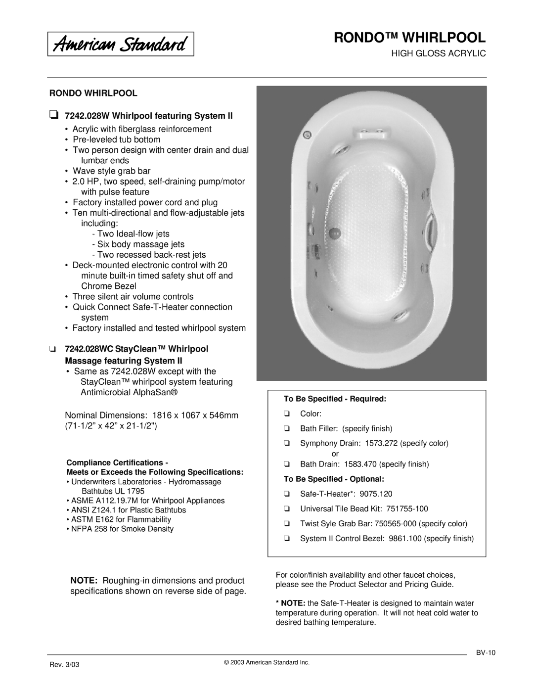 American Standard 7242.028WC dimensions Rondo Whirlpool, 7242.028W Whirlpool featuring System 