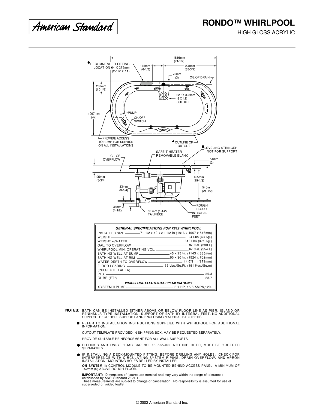 American Standard 7242.028WC dimensions General Specifications for 7242 Whirlpool, Whirlpool Electrical Specifications 