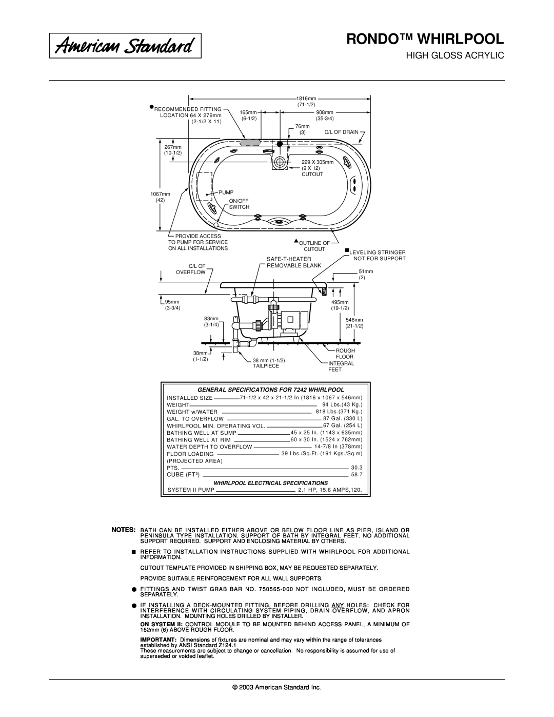 American Standard 7242.028WC Rondo Whirlpool, American Standard Inc, GENERAL SPECIFICATIONS FOR 7242 WHIRLPOOL 