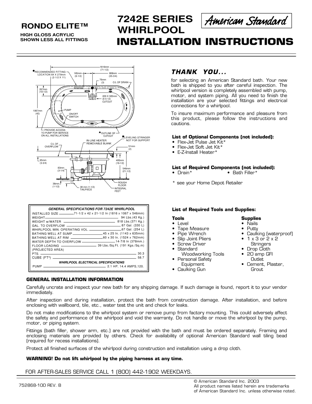 American Standard installation instructions 7242E Series Whirlpool Installation Instructions 