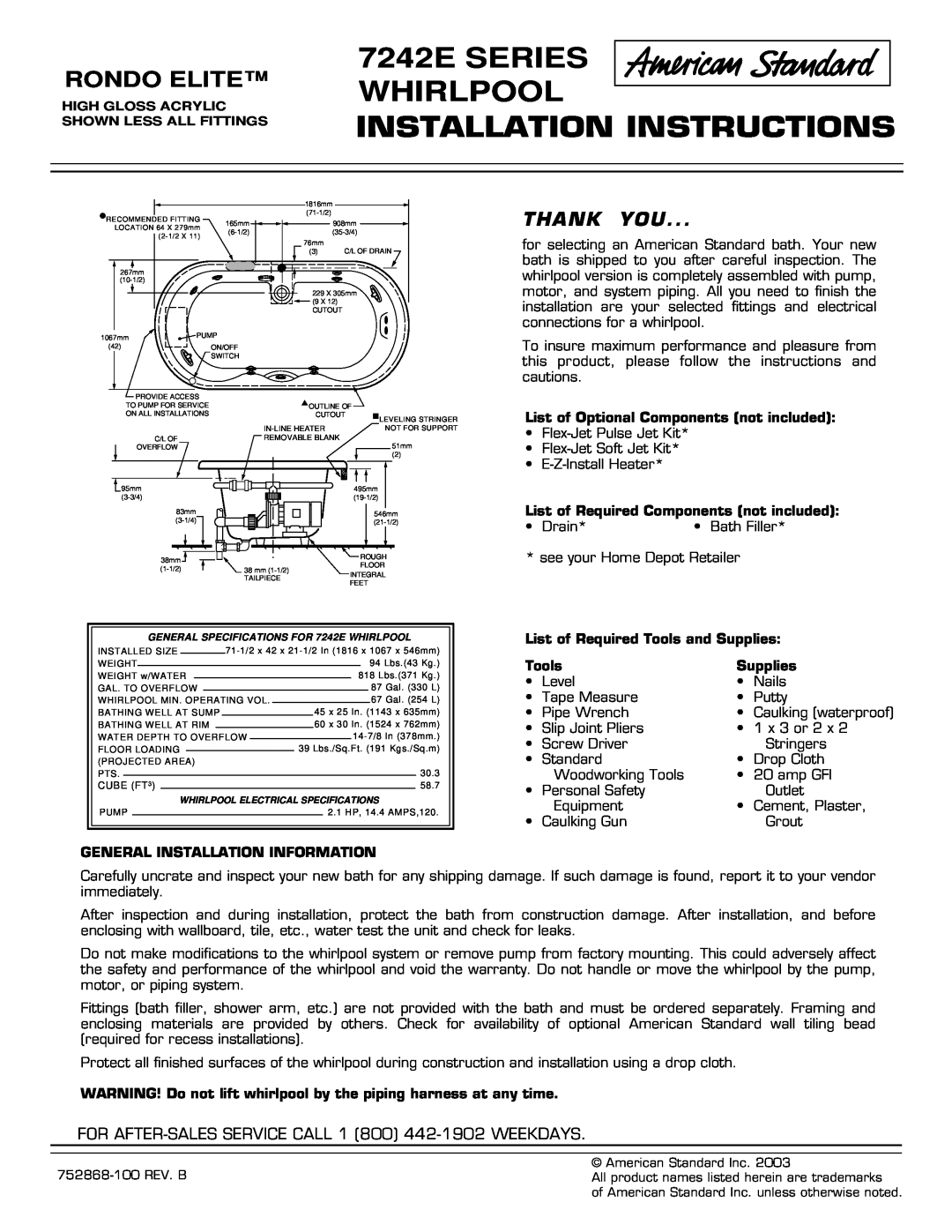 American Standard installation instructions 7242E SERIES WHIRLPOOL, Installation Instructions, Rondo Elite, Thank You 