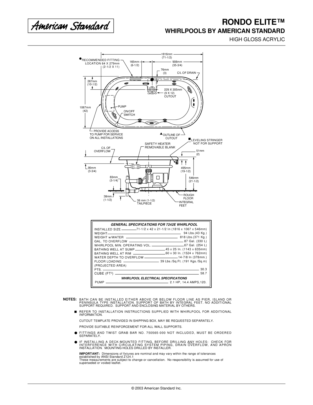 American Standard 7242EC dimensions General Specifications for 7242E Whirlpool 