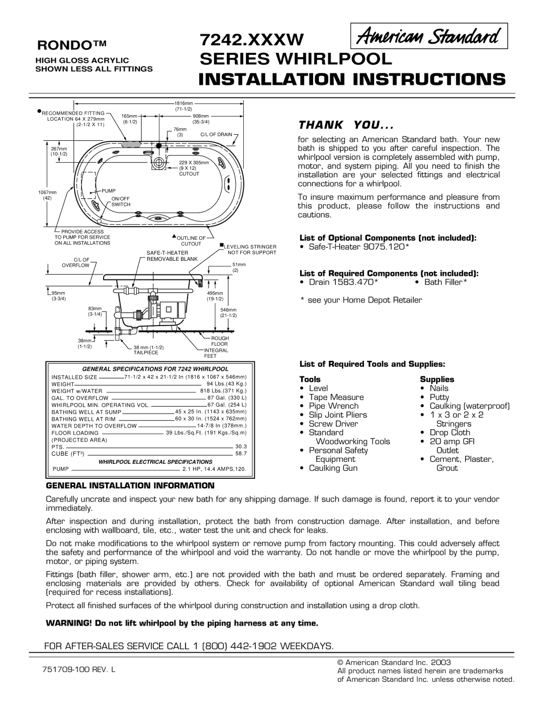 American Standard 7242.XXXW installation instructions Series Whirlpool Installation Instructions 