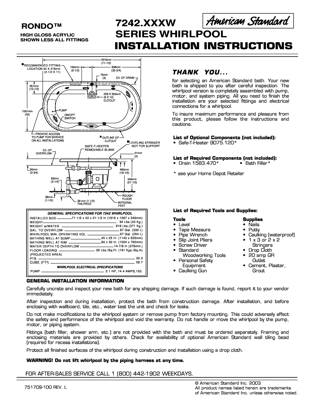 American Standard 7242.XXXW installation instructions Xxxw Series Whirlpool, Installation Instructions, Rondo, Thank You 