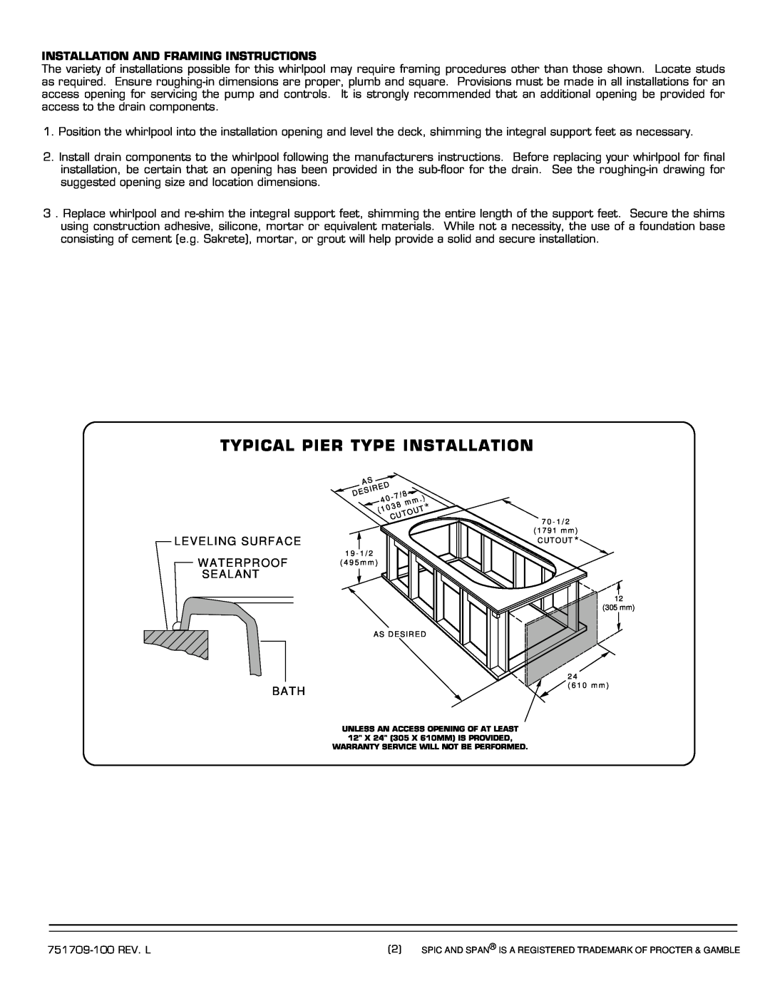 American Standard 7242.XXXW installation instructions Typical Pier Type Installation, Installation And Framing Instructions 