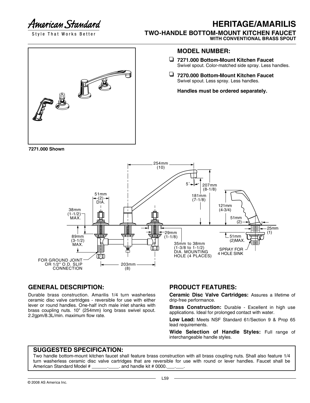 American Standard 7271.000, 7270.000 manual TWO-HANDLE BOTTOM-MOUNT Kitchen Faucet, Model Number, General Description 