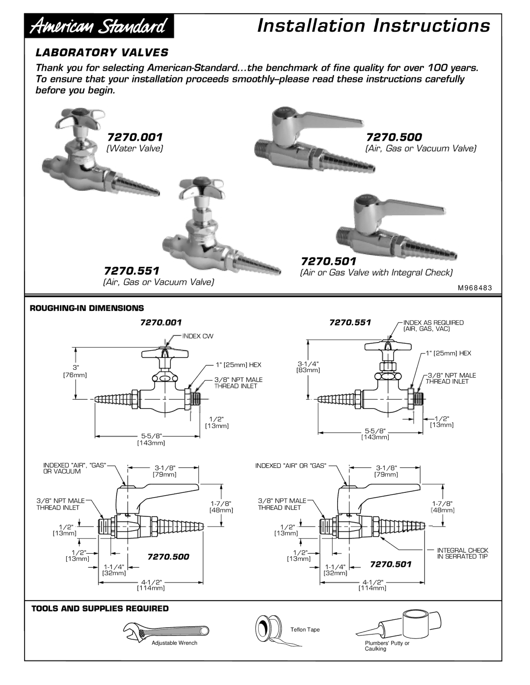 American Standard installation instructions 7270.001 7270.551, 7270.500, 7270.501 