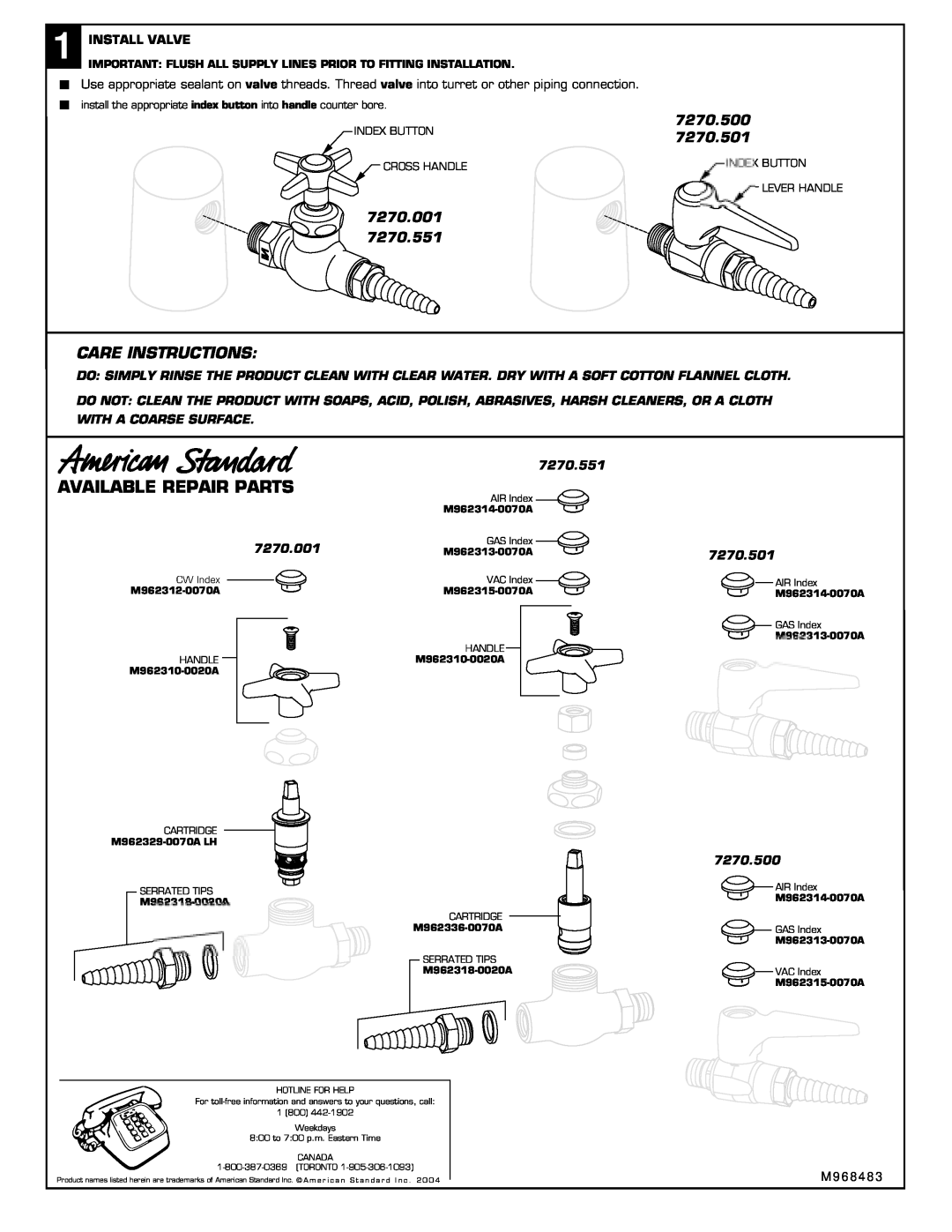 American Standard 7270.500 7270.001, Available Repair Parts, Care Instructions, 7270.501, Install Valve, 7270.551, M 