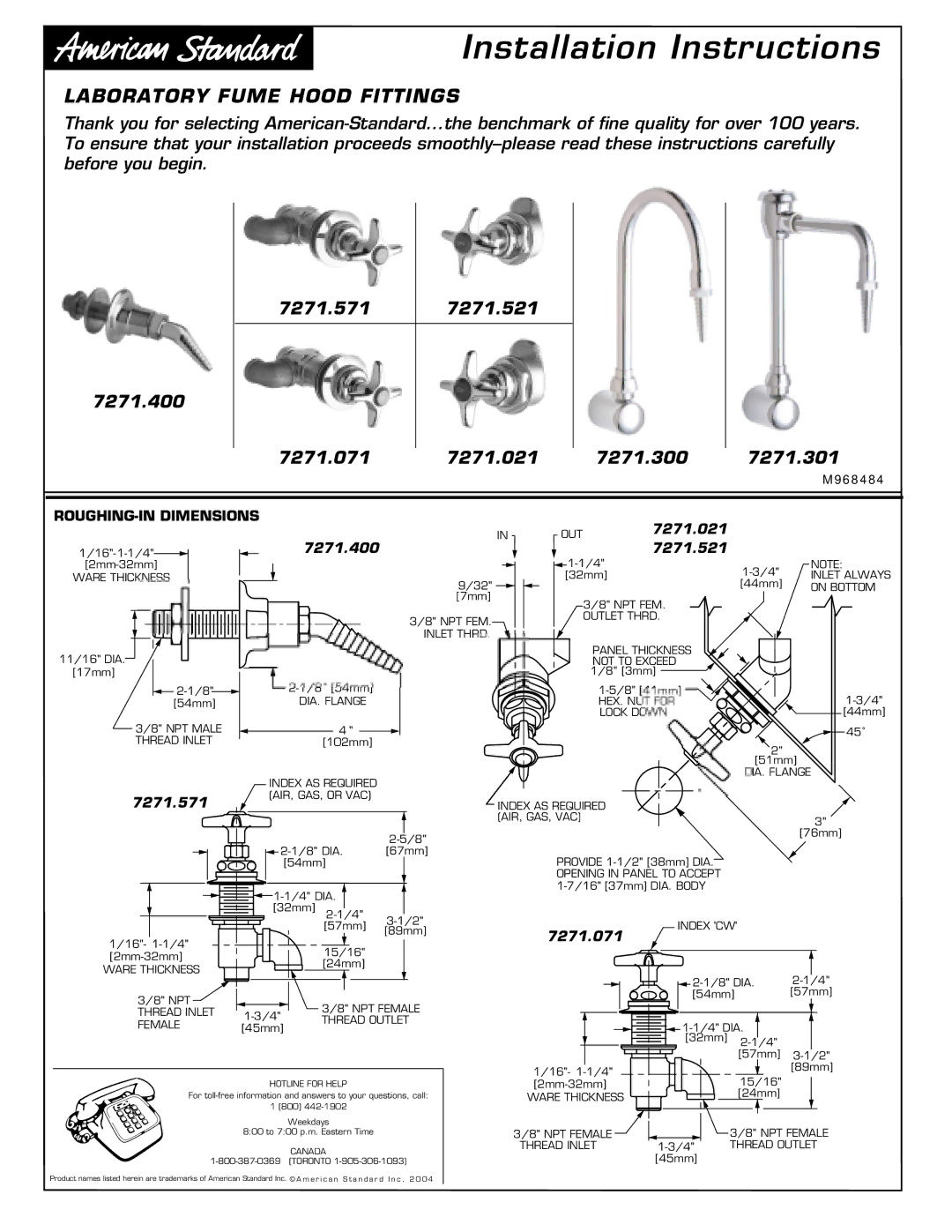 American Standard installation instructions ROUGHING-IN Dimensions, 7271.021, 7271.400 7271.521, 7271.571, 7271.071 