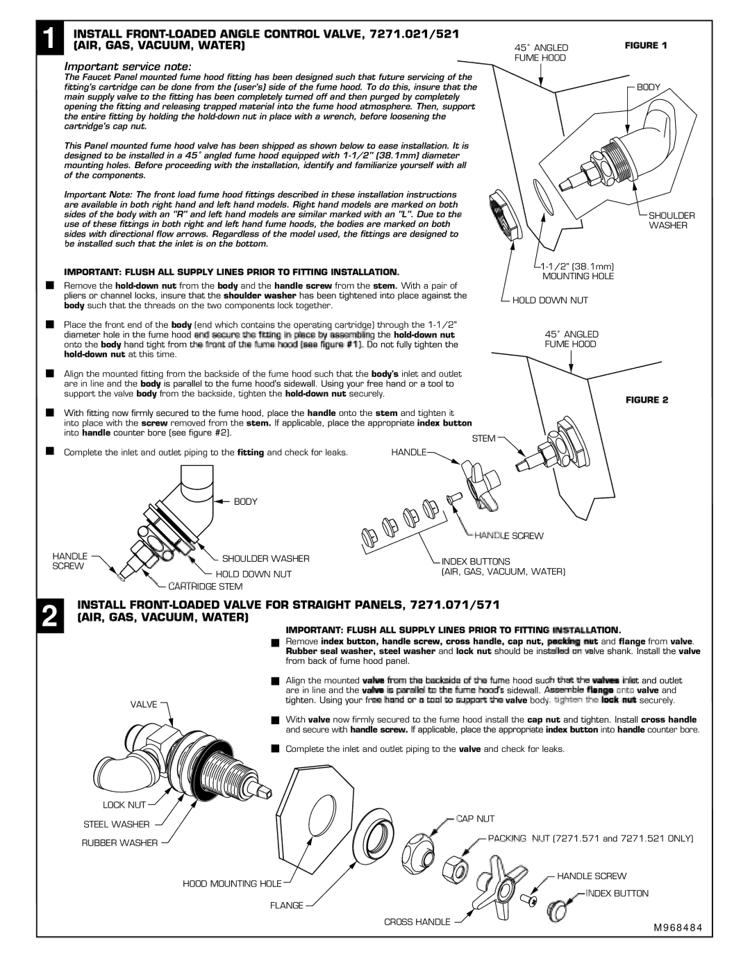 American Standard 7271.521, 7271.400 Install FRONT-LOADED Angle Control VALVE, 7271.021/521, AIR, GAS, VACUUM, Water 