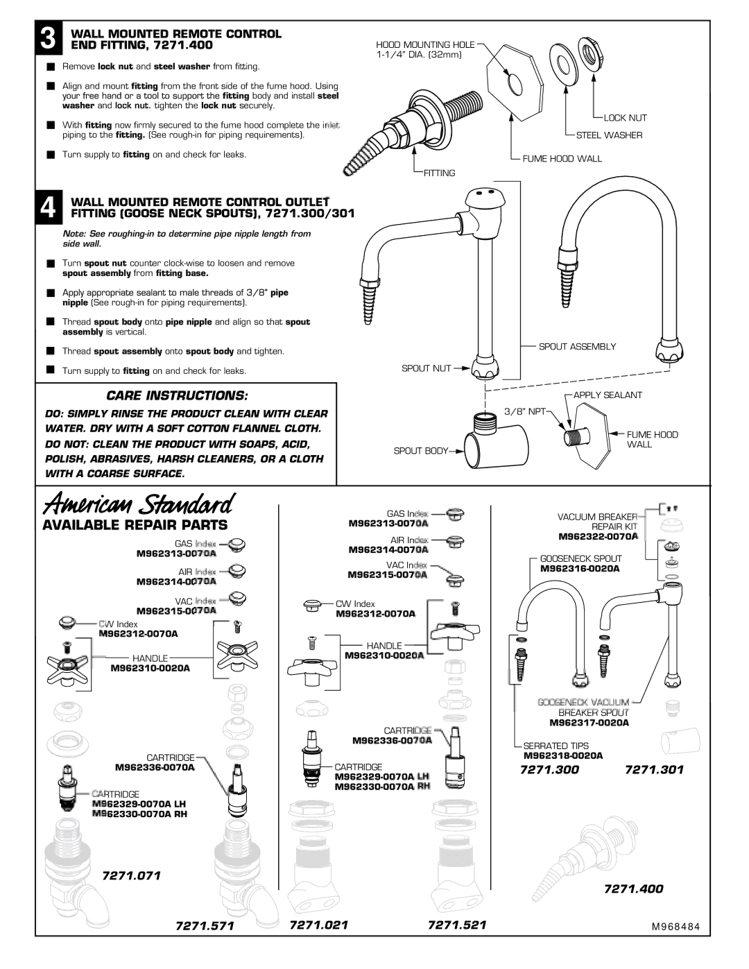 American Standard 7271.071, 7271.521 Wall Mounted Remote Control Outlet, Fitting Goose Neck SPOUTS, 7271.300/301 