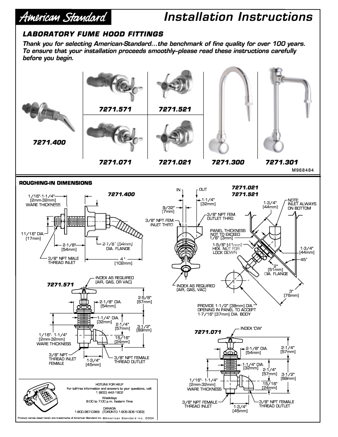 American Standard 7271.400 installation instructions Roughing-Indimensions, 7271.021, 7271.521, 7271.571, 7271.071 