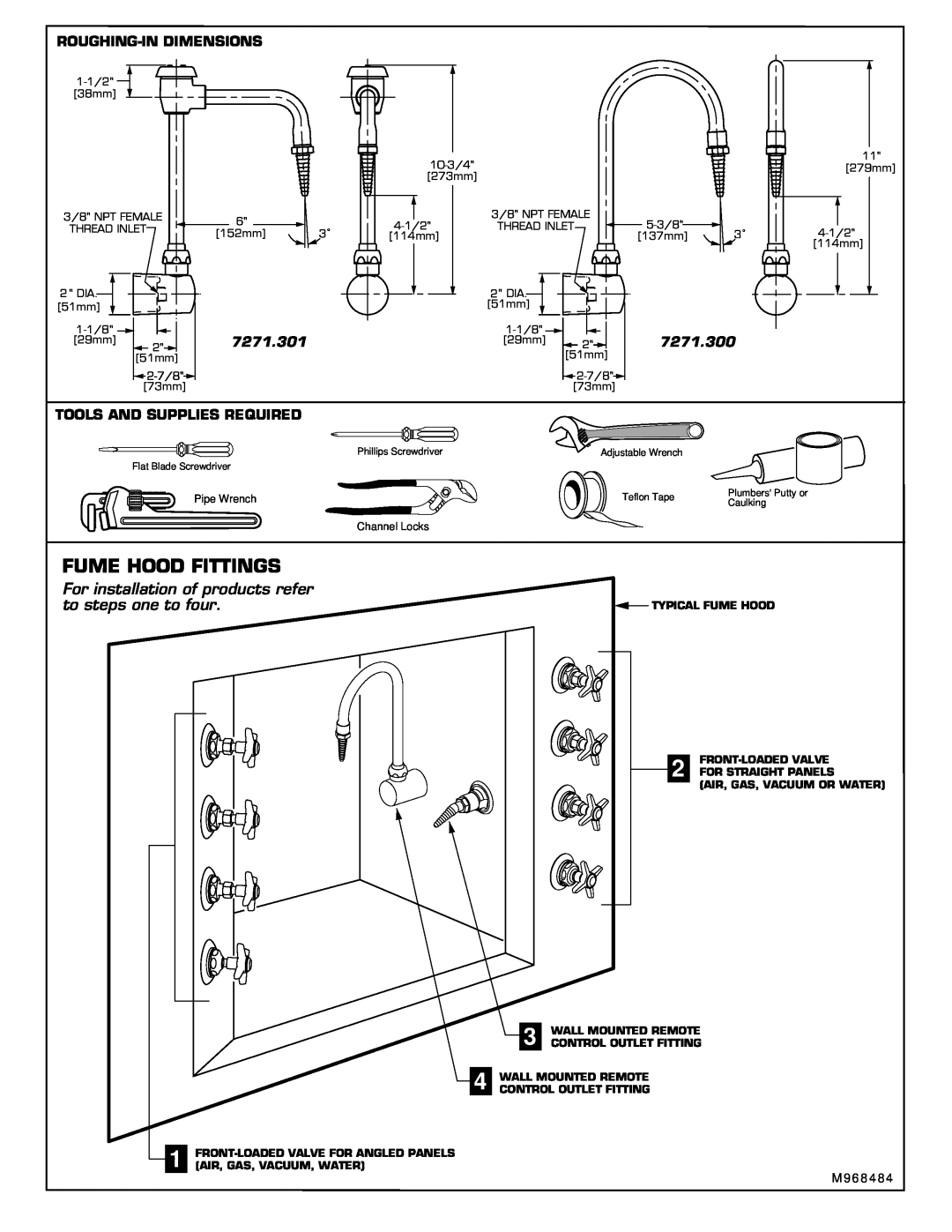 American Standard 7271.301, 7271.521 7271.300, Tools And Supplies Required, M, Fume Hood Fittings, Roughing-Indimensions 